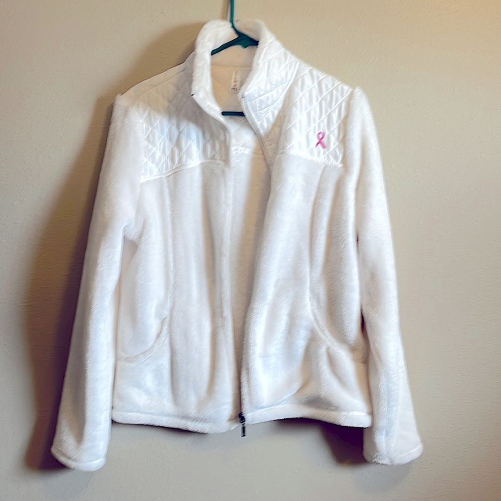 Soft white breast cancer zip up jacket with pockets and quilted top 1/3